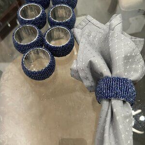 Set of 6 beaded blue napkin rings